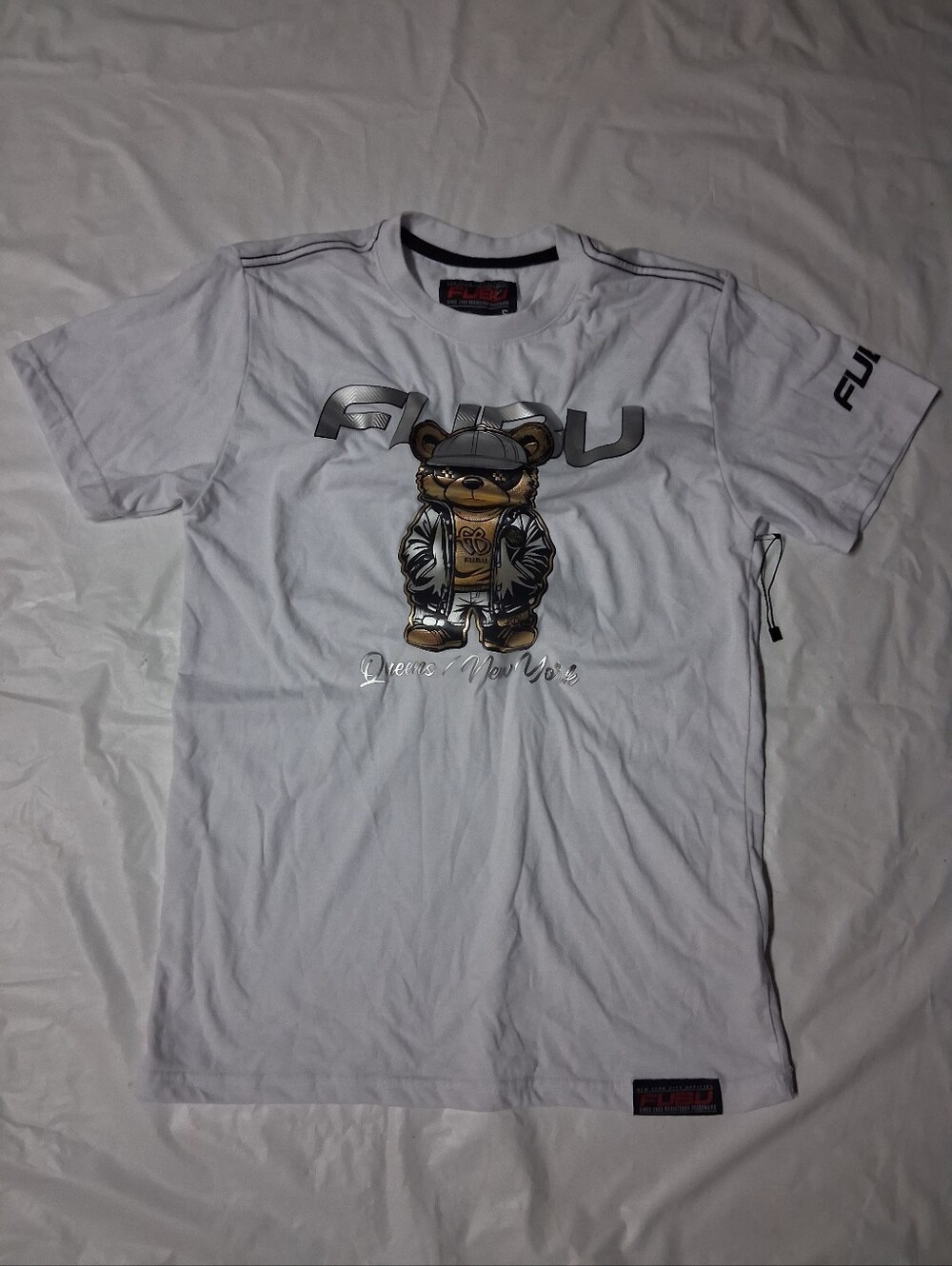 FUBU White Tee with Brown Bear Graphic Men Small NWOT